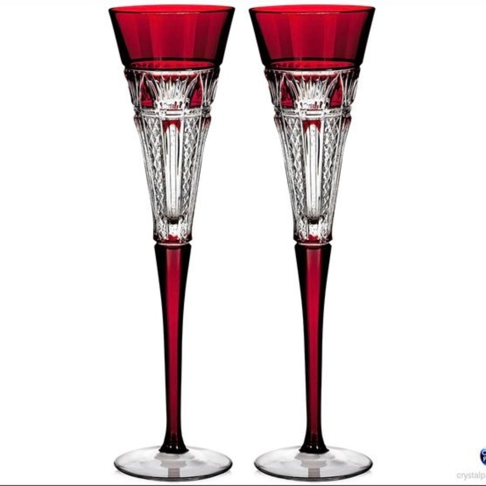 Rare Waterford Red 100th Times Square Crystal Toasting Champagne Flutes
